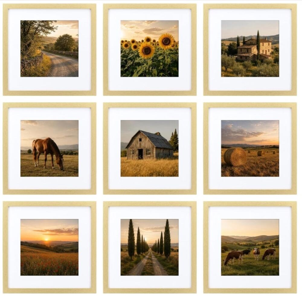 HEART ART 12x12 Gold Picture Frames Set of 9 w/ 8x8 Mats Gallery Wall Decor